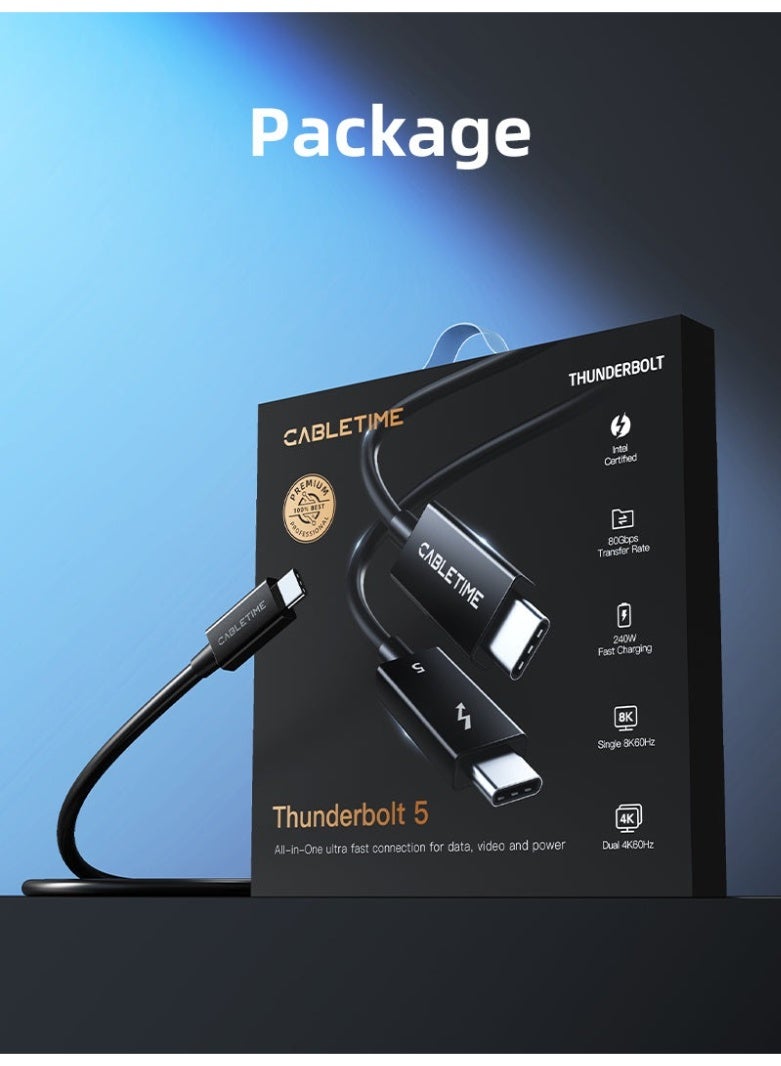 CABLETIME INTEL CERTIFIED THUNDERBOLT 5 CABLE 0.8M | 240W, 120GBPS, 8K - Image 2